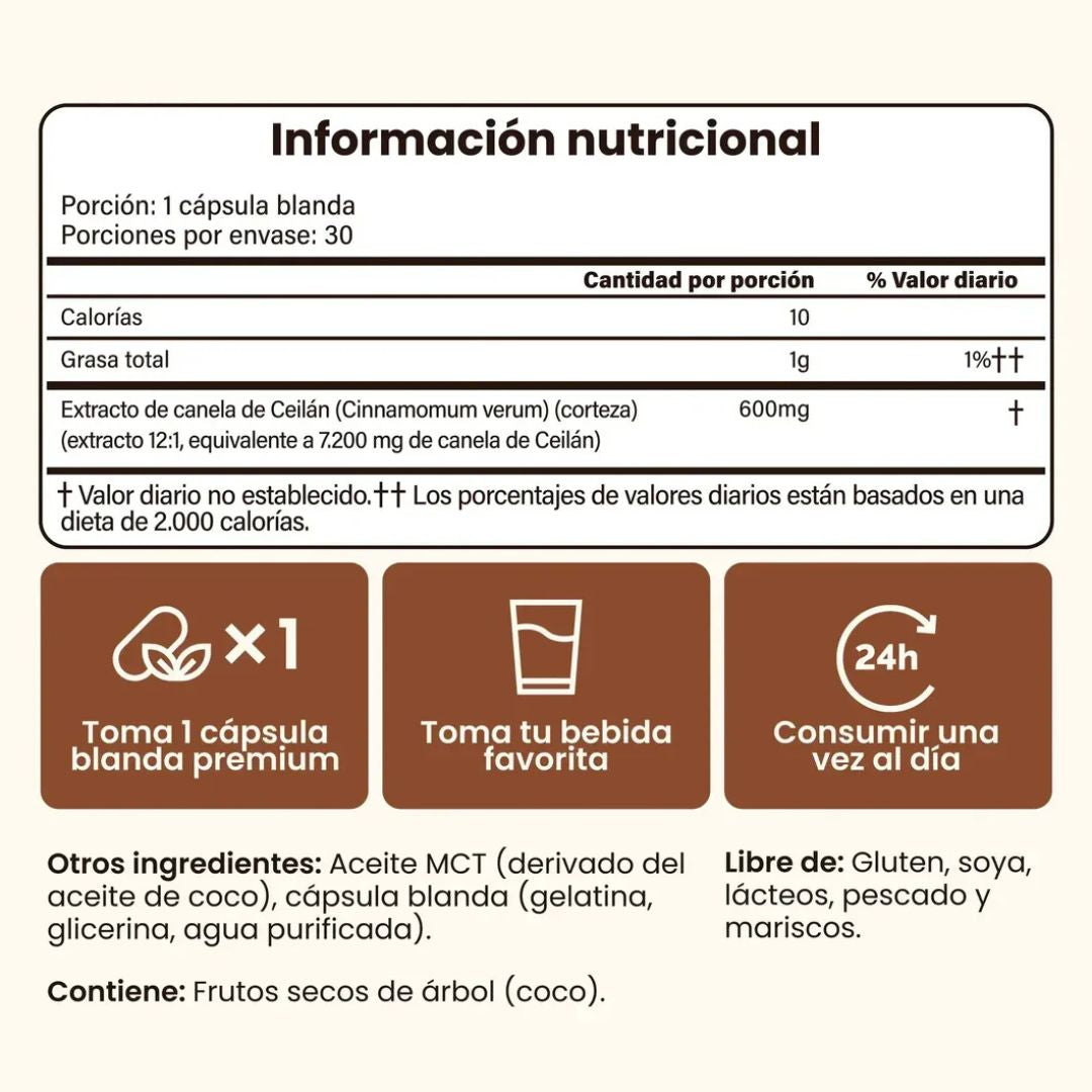 Canela de Ceilán 7200mg con Aceite MCT